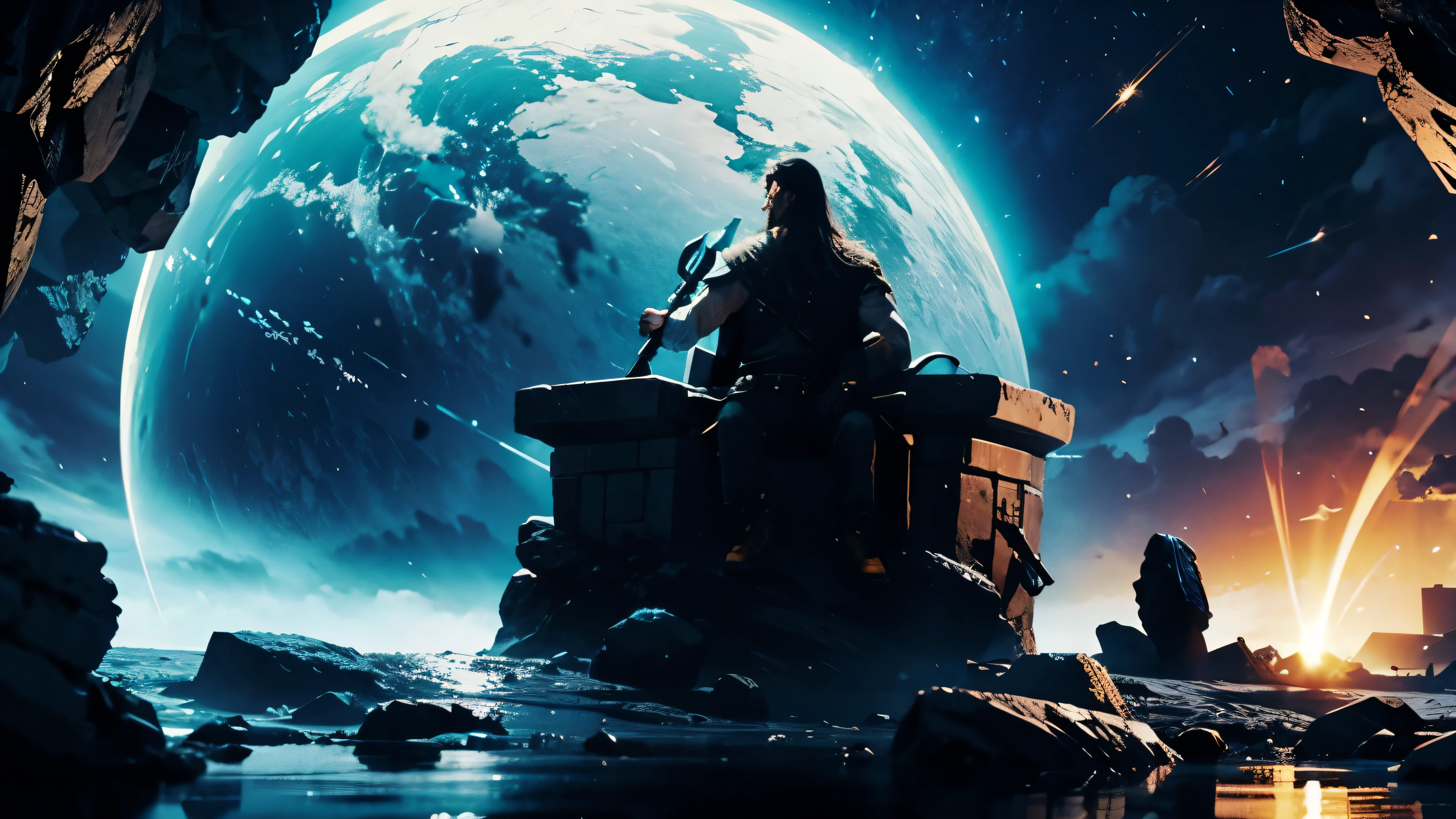 A BLUE ICE GIANT, YELLOW EYES AND LONG HAIR AND ARMS, SITTING ON HIS THRONE, HOLDING THE HAMMER OF THE GOD THOR. THE PLACE HE IS IN IS MADE OF STONE, LIKE A CAVE.