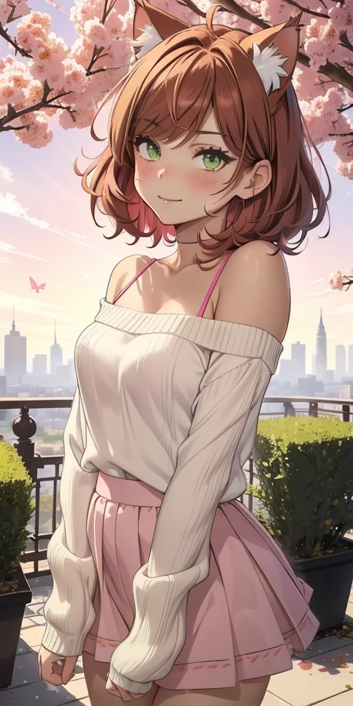 (((1 cat-girl))), ((cat ears)) solo, (((short light red hair tousled by the wind))), green eyes, pink off-shoulder sweater with long sleeves and kawaii  skirt, spaghetti straps, shorts, lace, look at the viewer, luxurious, elegant, extremely detailed, pink lips, shy smile, feminine charm, blushing, beautiful sky, park, autumn trees, garden, butterfly, beautiful flowers, depth of field,  (((having a blowjob))),