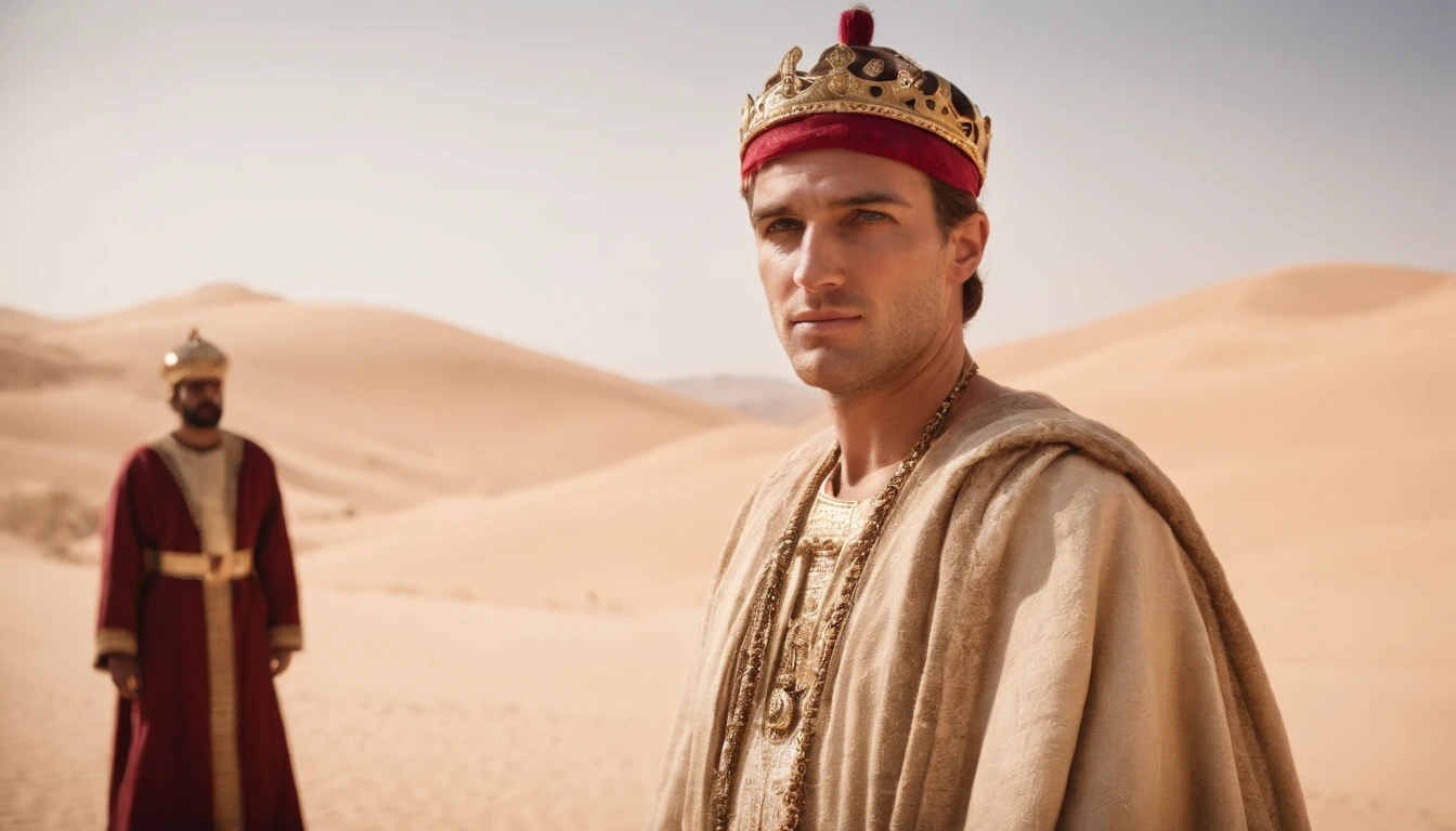 King Jeroboam next to King Rehoboam, ambos lado a lado, dressed in beautiful and imposing royal robes, ao fundo dos reis, the desert is arid and hot, with a blue sky with some very low clouds