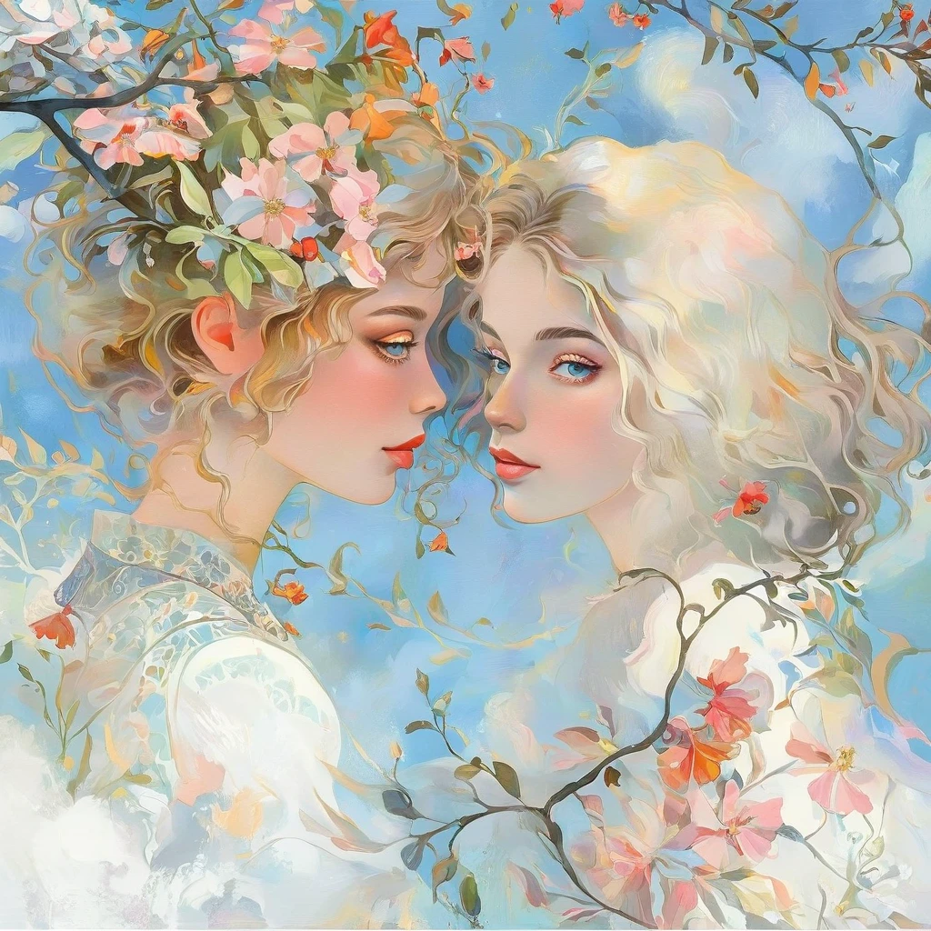 a beautiful girl in a lush garden, vibrant blue sky, red and orange flowers, detailed face and eyes, volumetric lighting, intricate details, photorealistic, high definition, masterpiece, professional digital art, cinematic color palette, using a palette of light pink, muted blue, dark grayish blue, bright blue, very dark gray, and light grayish blue