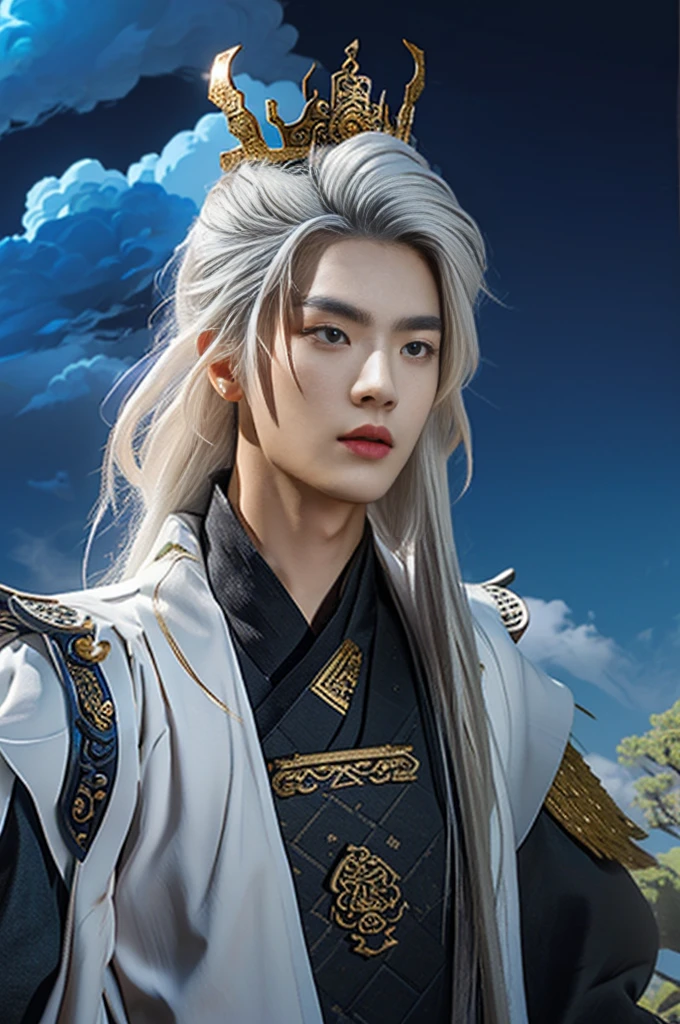 Close-up of a white-haired person wearing a crown, heise jinyao, Zhao Yun, white hair like clouds, with white hair, xianxia hero, dragon, cai xukun, Zhongli in Genshin, xianxia fantasy, xianxia, Inspired by Huang Shen, He has dark gray hair
