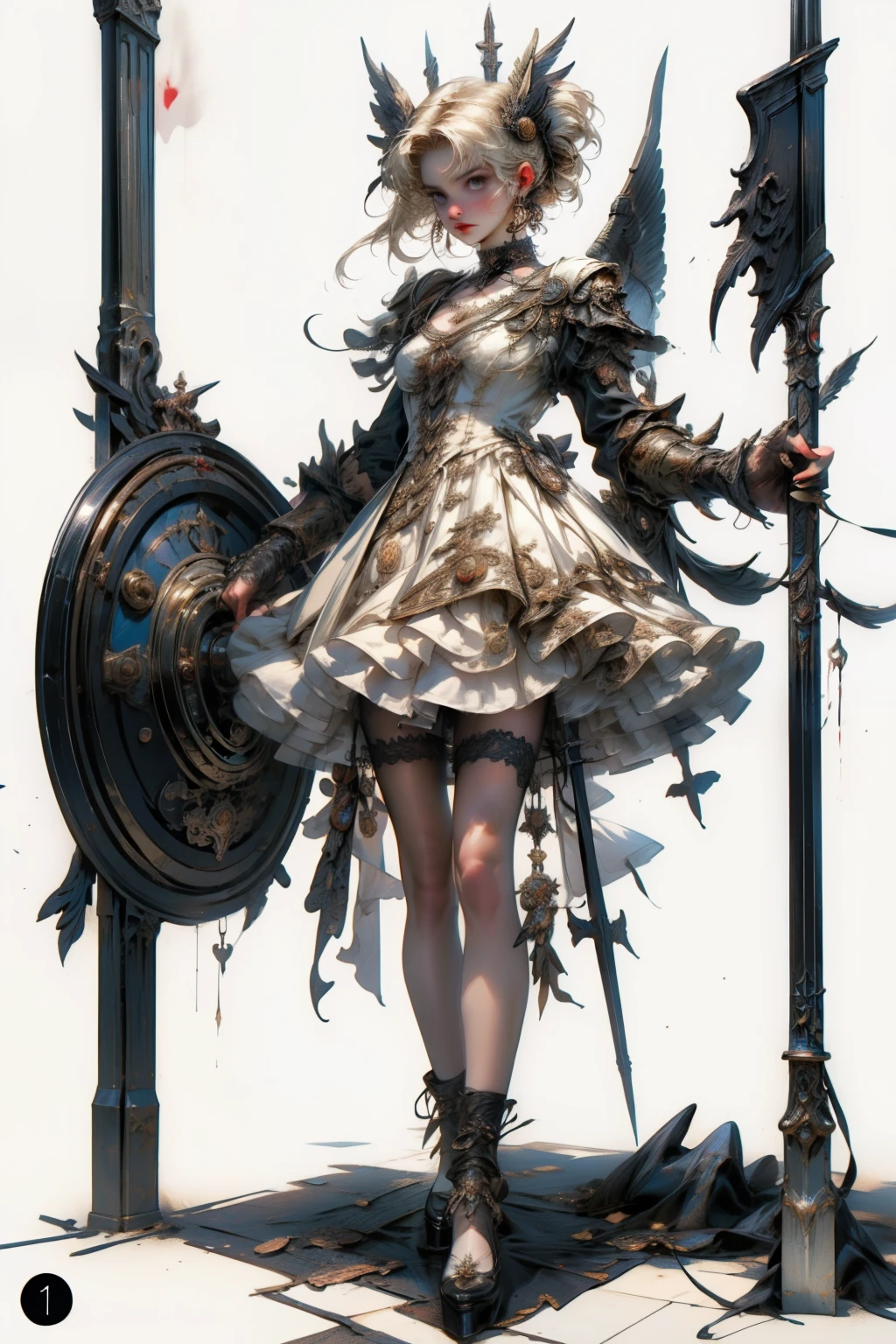 ((best quality)), ((masterpiece)), (detailed), blank white background, plain background, white background, Bloodborne inspired, occult aesthetic, occult, detailed and intricate steampunk and detailed gothic, NSFW, Very dramatic and cinematic lighting, cosmic horror, grim-dark, side-lighting, perfect face, a beaituful goddess valkyrie adorned and enshrined in armour, Bloodborne inspired valkyrie, occult aesthetic valkyrie, occult valkyrie, detailed and intricate steampunk and detailed gothic valkyrie, wielding a sword and holding a shield, NSFW, Fluttering lace flared long knee length dress with frilly petticoats, knee length dress, pleated petticoats, ta dress, petticoats gothic loliside-lighting, gothic lolita aetic, beautiful small breasts, small breasts, full body, whole body, body, plain background, white background, blank background, no background, white background NSFW, full body, whole body, head-to-toe
