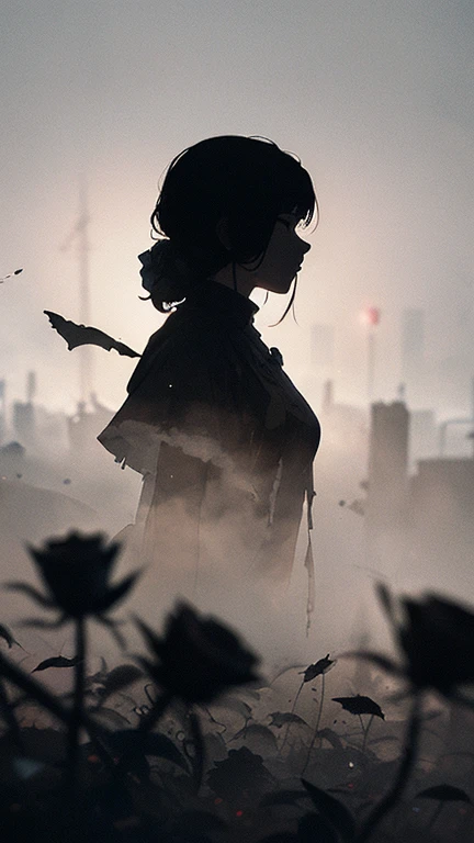 1 Girl, (silhouette:1.3), blackwork, mysterious, uncertain, fascinating, Red roses, Ruin, abstract, ambient lighting, (blurred background, blurred foreground, Depth of field:1.3), Swirling fog, grey mist, traditional texture, dripping