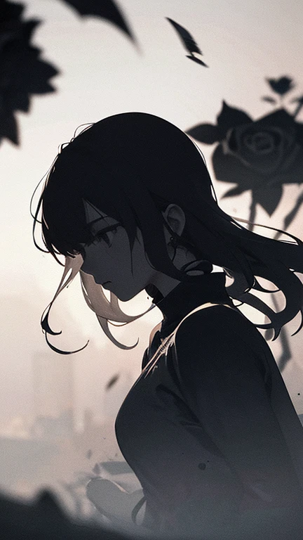 1 Girl, (silhouette:1.3), blackwork, mysterious, uncertain, fascinating, Red roses, Ruin, abstract, ambient lighting, (blurred background, blurred foreground, Depth of field:1.3), Swirling fog, grey mist, traditional texture, dripping