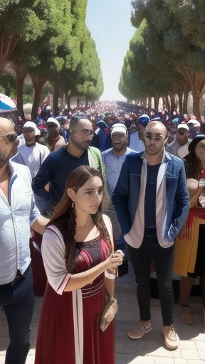 Young Judaean men and women gathered on a sunny day with focus on the characters' faces.