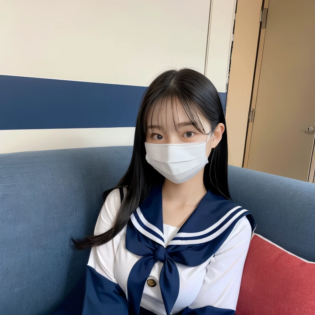 女の子1 person, alone, highest quality, 8k, Japanese women photos, 17 years old, kindergarten teacher, 長くてストレートなBlack Hair,, ((Plump)), ((Big Breasts)),Sailor suit,Sailor suit,, The best smile,Grow eyes,  Shining happiness, Caring personality, Sweet feminine aura, Calm but firm attitude, Lightly freckled cheeks, A spirit of warmth and joy, Discreet and perfect for class,Eyes that shine with devotion, a humble and dedicated kindergarten teacher, 1 person,Inside the room,超Big Breasts,Big Breasts,Sailor suit,mini skirt,Sitting on the couch,Black HairのストレートLong Hair,Long Hair,Black Hair,Selfie Camera,Selfie Camera,Wear a mask,Wear a mask,Cover your mouth,17 years old,Wear a mask,valley,My chest is about to burst
