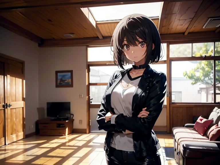 maho Nishizumi,kinuyo Nishi,
Age 35,Black jacket,Jeans pants,Revealing clothing,Bob cut hair,Symmetrical Hair,
White Hair,White Eyes,low length,Big Breasts,Confused expression,Broken posture,From the left side,From the right side,

At least 2 women,Indoors at home,living room,table,office,
Beautiful image quality,Delicate shades,