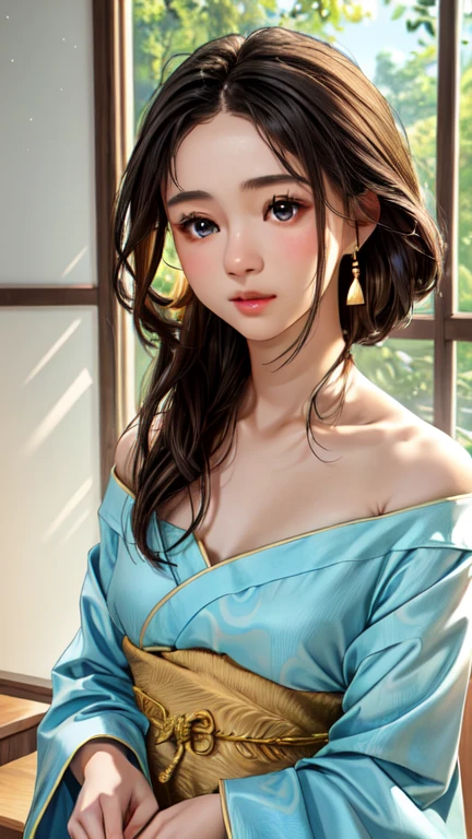 a beautiful young woman wearing a traditional chinese hanfu dress, a delicate off-shoulder design, detailed and realistic facial features, including a small bust, collarbones, and soft, natural lighting, 1 girl, detailed skin, dslr camera, high quality, high resolution, vintage street background, masterpiece, best quality, 4k, 8k, highres, ultra-detailed, realistic, photorealistic, photo-realistic, HDR, UHD, studio lighting, ultra-fine painting, sharp focus, physically-based rendering, extreme detail description, professional, vivid colors, bokeh