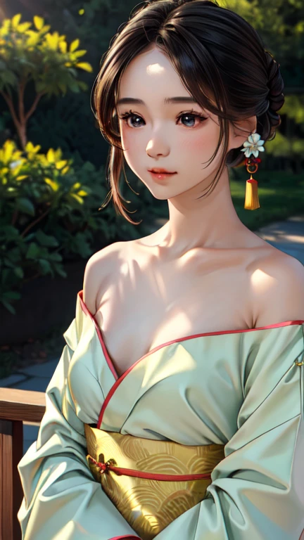 a beautiful young woman wearing a traditional chinese hanfu dress, a delicate off-shoulder design, detailed and realistic facial features, including a small bust, collarbones, and soft, natural lighting, 1 girl, detailed skin, dslr camera, high quality, high resolution, vintage street background, masterpiece, best quality, 4k, 8k, highres, ultra-detailed, realistic, photorealistic, photo-realistic, HDR, UHD, studio lighting, ultra-fine painting, sharp focus, physically-based rendering, extreme detail description, professional, vivid colors, bokeh