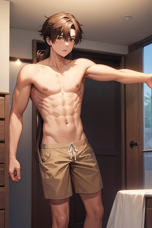 a 20 year old boy with long brown hair he is shirtless