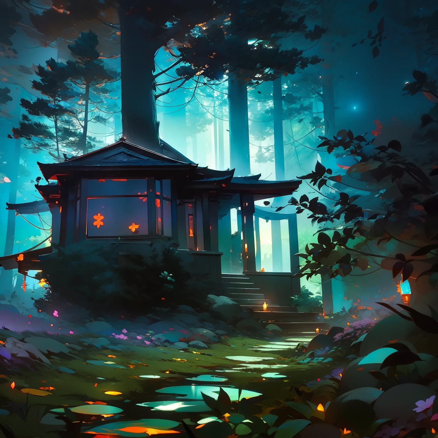 2d anime style a dark mansion in the forest catching fire a runs through the forest escaping