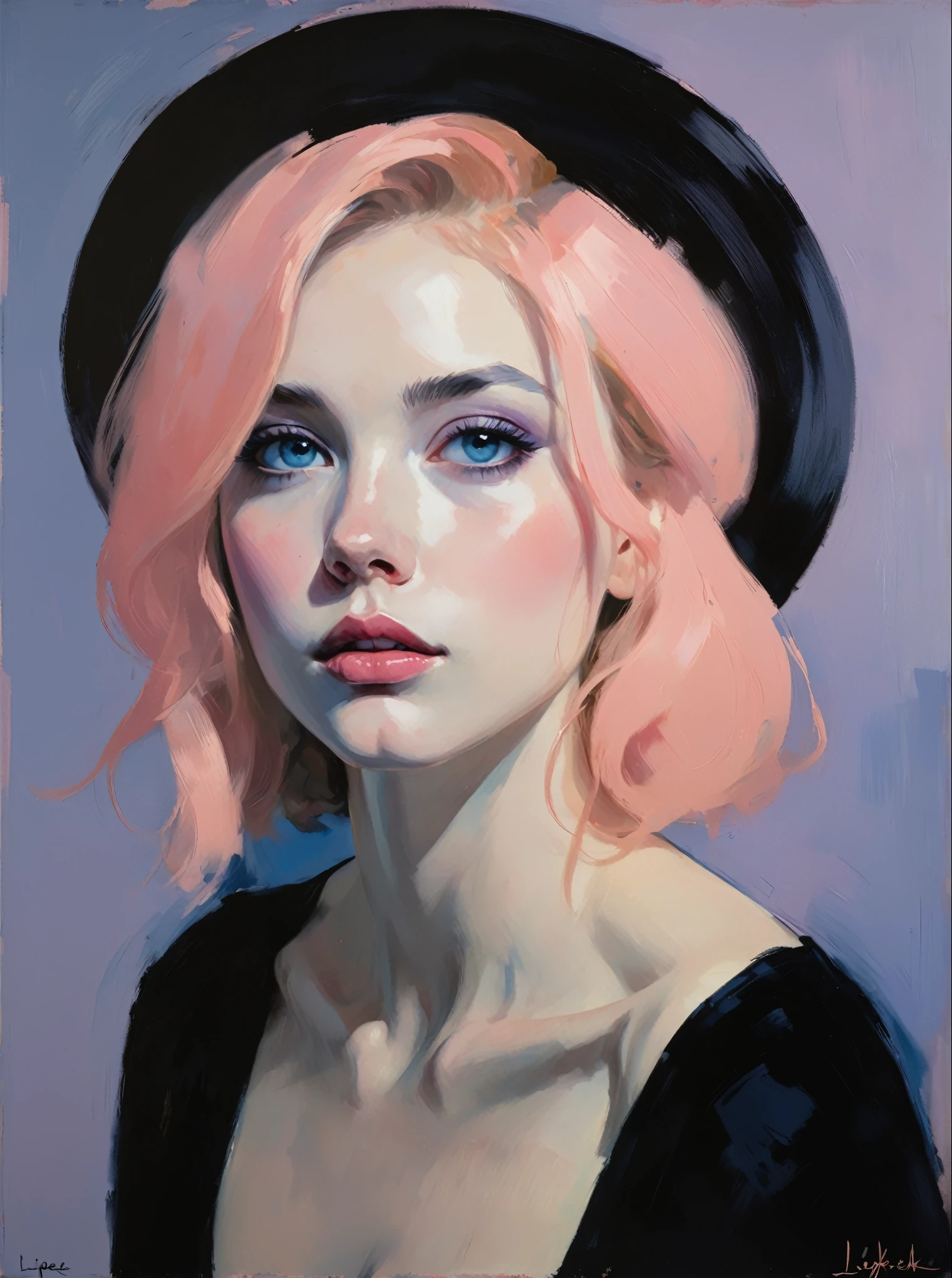 Create a contemporary portrait of a person in the expressive and painterly style of Malcolm Liepke, utilizing a palette of light pink, muted blue, dark grayish blue, bright blue, very dark gray, and light grayish blue. The portrait should feature a close-up of the subject's face with strong, dynamic brushstrokes and a focus on capturing the depth and texture characteristic of Liepke's work. Use light pink and bright blue for the highlights and vibrant areas, while employing muted blue, dark grayish blue, very dark gray, and light grayish blue to create shadows and depth. Ensure the background complements the portrait with subtle variations of the same color palette, evoking a sense of modern elegance and emotional intensity