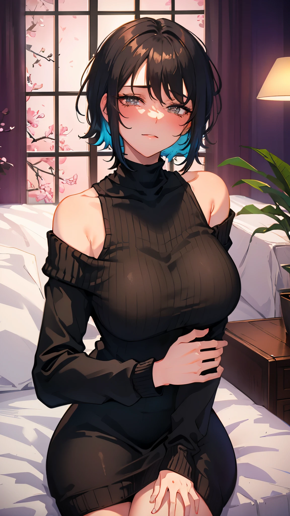 (wallpaper,8k), (masterpiece, Beautiful lighting, Vibrant, highest quality), 1 female, alone, Short black hair, Messy Hair , One-shoulder knit sweater dress, indoor, night:1.8, Super big boobs、bedroom