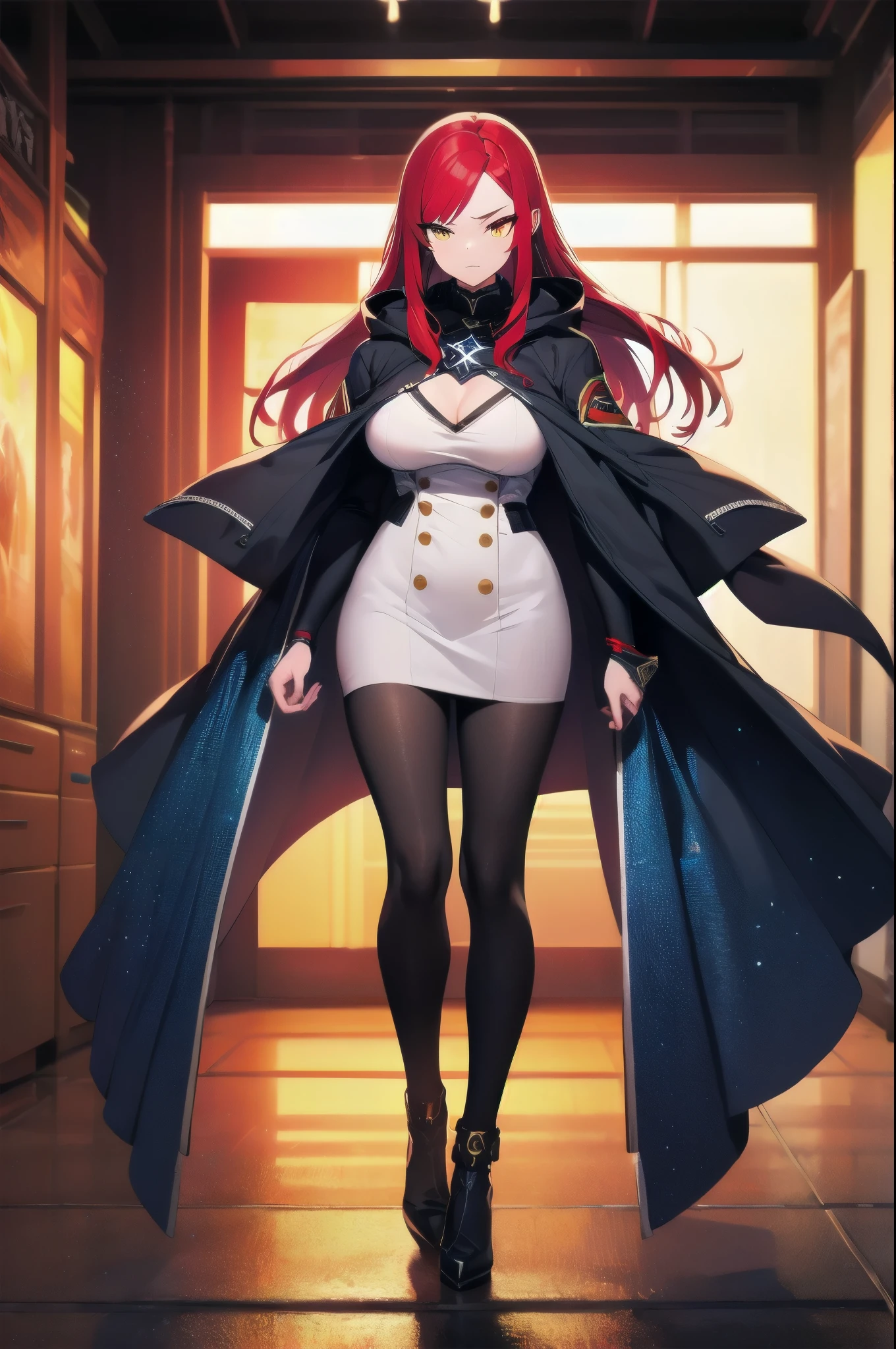 (masterpiece:1.37), woman, mature, extremely detailed eyes and face, long straight hair, (red hair:1.5), yellow eyes, military uniform, cloak, futuristic, science fiction, hologram armband, unicursal hexagram-shaped pupils, standing, large breasts, futuristic, science fiction, hologram armband, best quality, 8k, highres, ultra-detailed, studio lighting, ultra-fine painting, sharp focus, physically-based rendering, extreme detail description, professional, vivid colors, bokeh, extreme attention to detail, tsurime, messy bangs, very long bangs, bright red hair highlights, two-tone hair, full body
