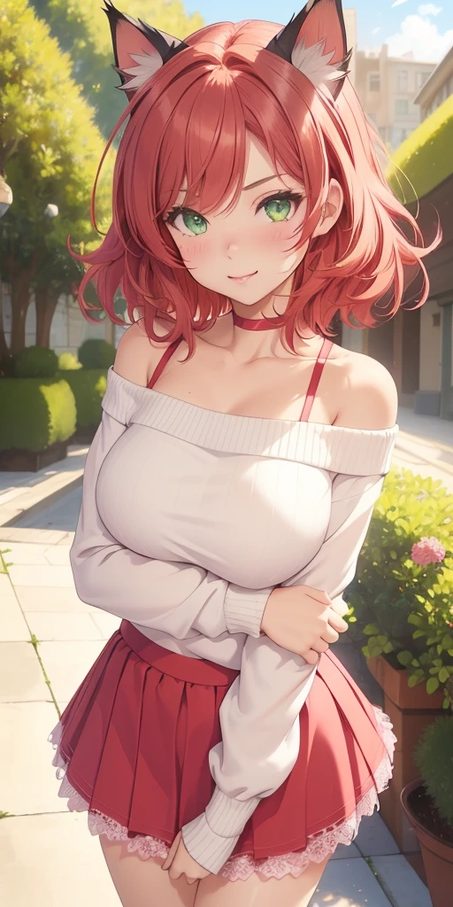 (((1 cat-girl))), ((cat ears)) solo, (((short light red hair tousled by the wind))), green eyes, pink off-shoulder sweater with long sleeves and kawaii skirt, spaghetti straps, shorts, lace, look at the viewer, luxurious, elegant, extremely detailed, pink lips, shy smile, feminine charm, blushing, beautiful sky, park, autumn trees, garden, butterfly, beautiful flowers, depth of field