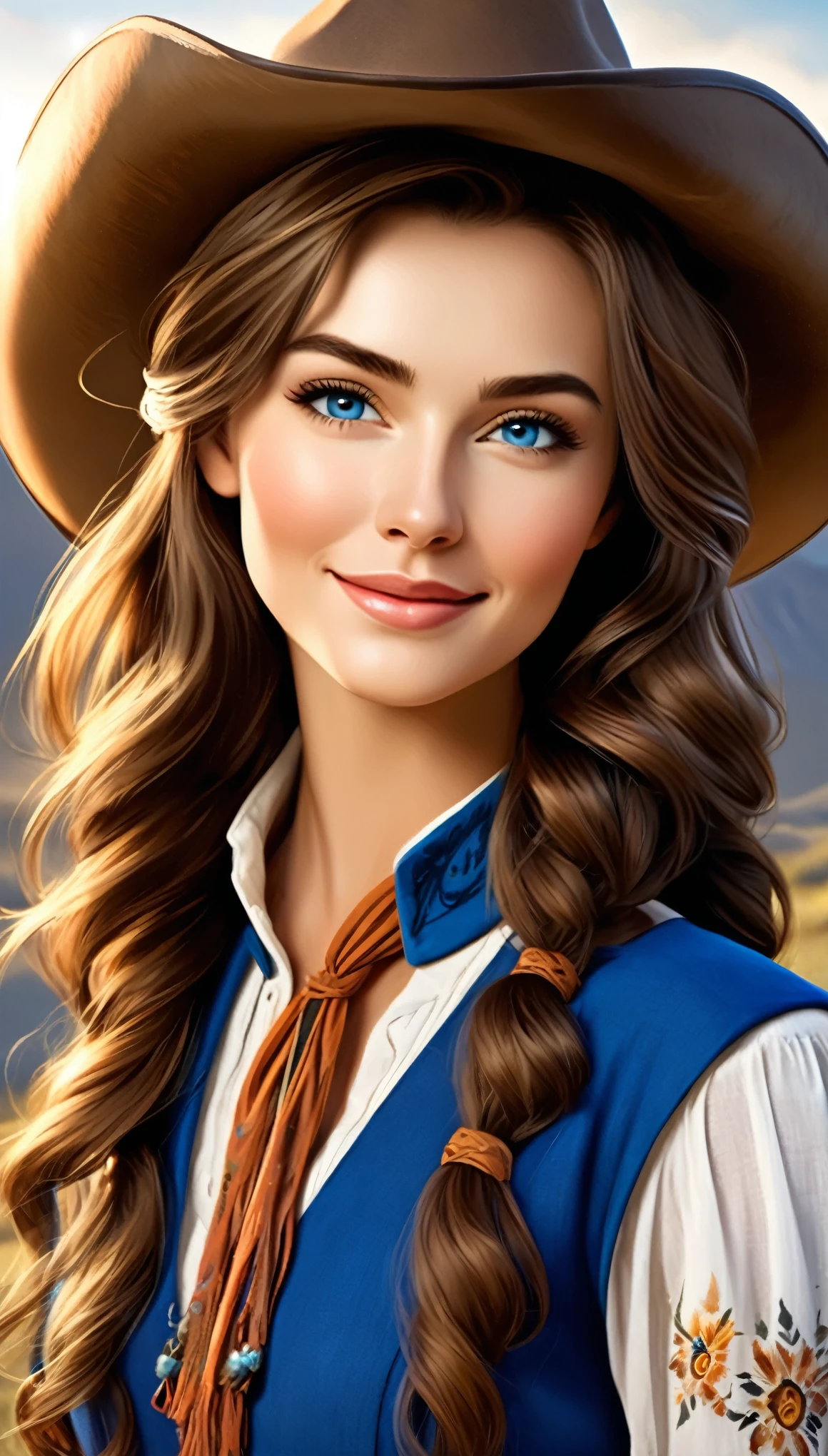 with high definition images，Beautiful cowgirl(masterpiece、highest quality:1.2)、Cowboy themed images、solo、One woman、Marianne von Edmund、Captivating smile、Look directly at your audience、Blue dress featuring a capelet、Western-style hats、Highly detailed、Intricately crafted facial features、Realistic skin texture、Expressive eyes、Warm and inviting、Rustic, sun-kissed landscape、The perfect blend of elegance and rugged charm。