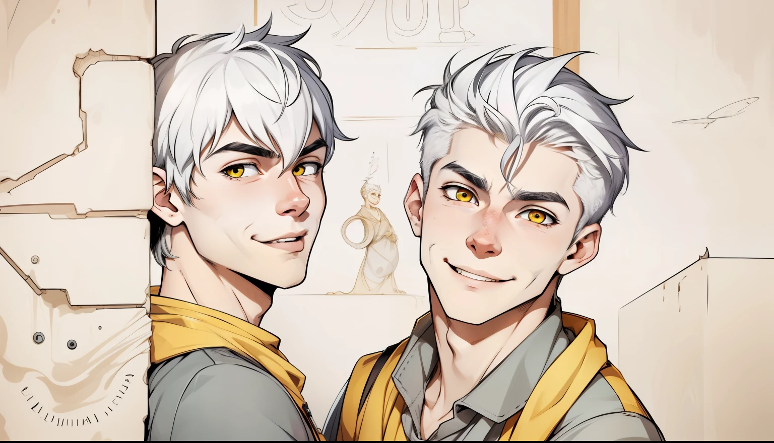 cute 17 year old boy smiles mischievously mischievously speaks mischievously yellow eyes white hair