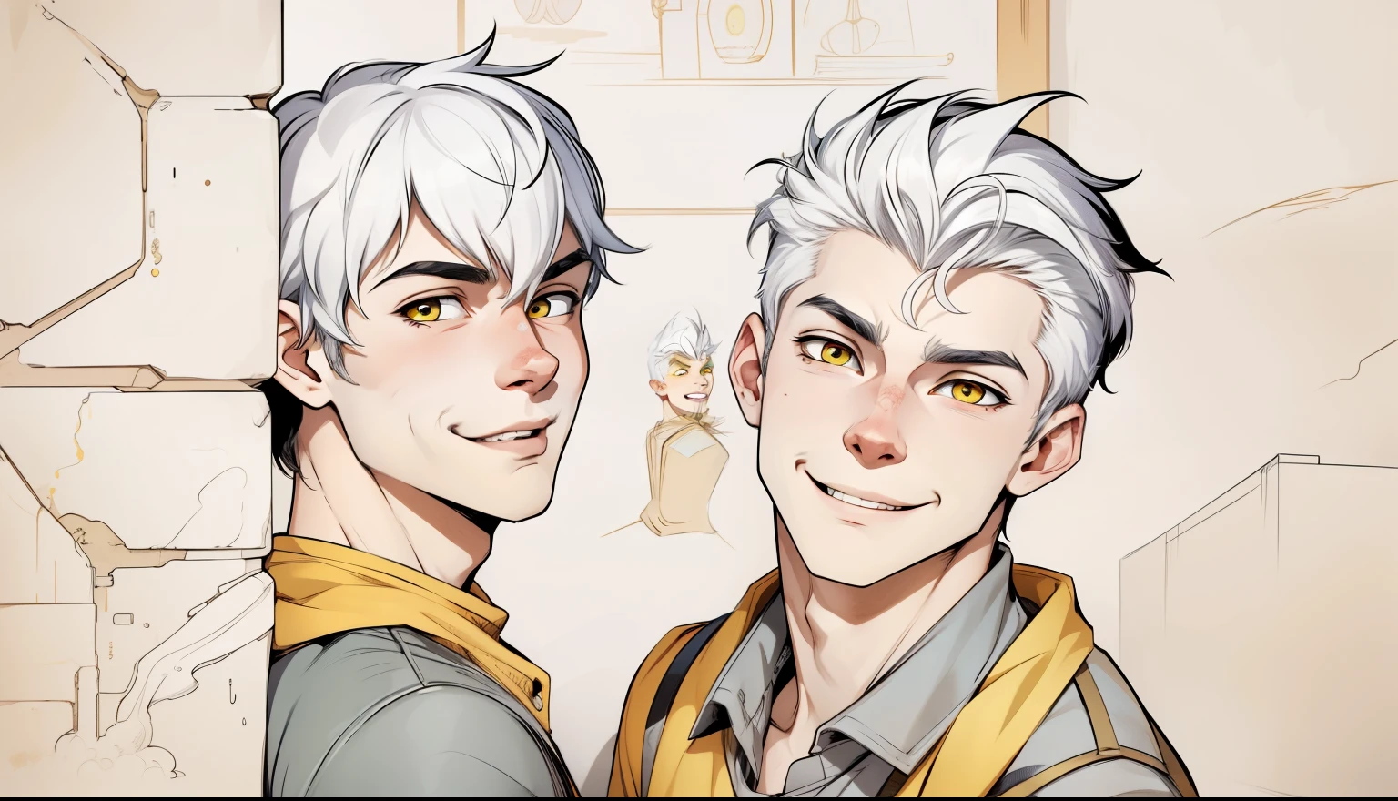 cute 17 year old boy smiles mischievously mischievously speaks mischievously yellow eyes white hair