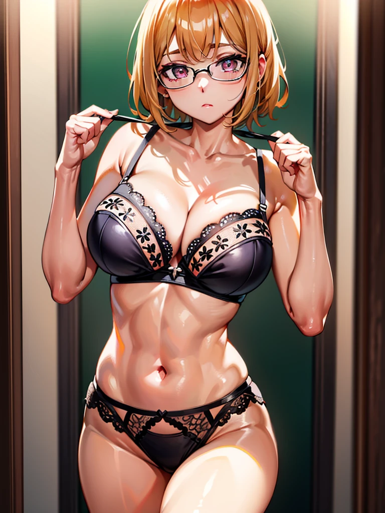 Lingerie, (masterpiece:1.2, best quality:1.2, beautiful, high quality, highres:1.1, aesthetic), detailed, extremely detailed, ambient soft lighting, 4K, perfect eyes, perfect face, Female ,Embarassed, shy, Round glasses, Orange eyes, Huge breasts, Short orange hair, Detiled eyes, very detiled face,