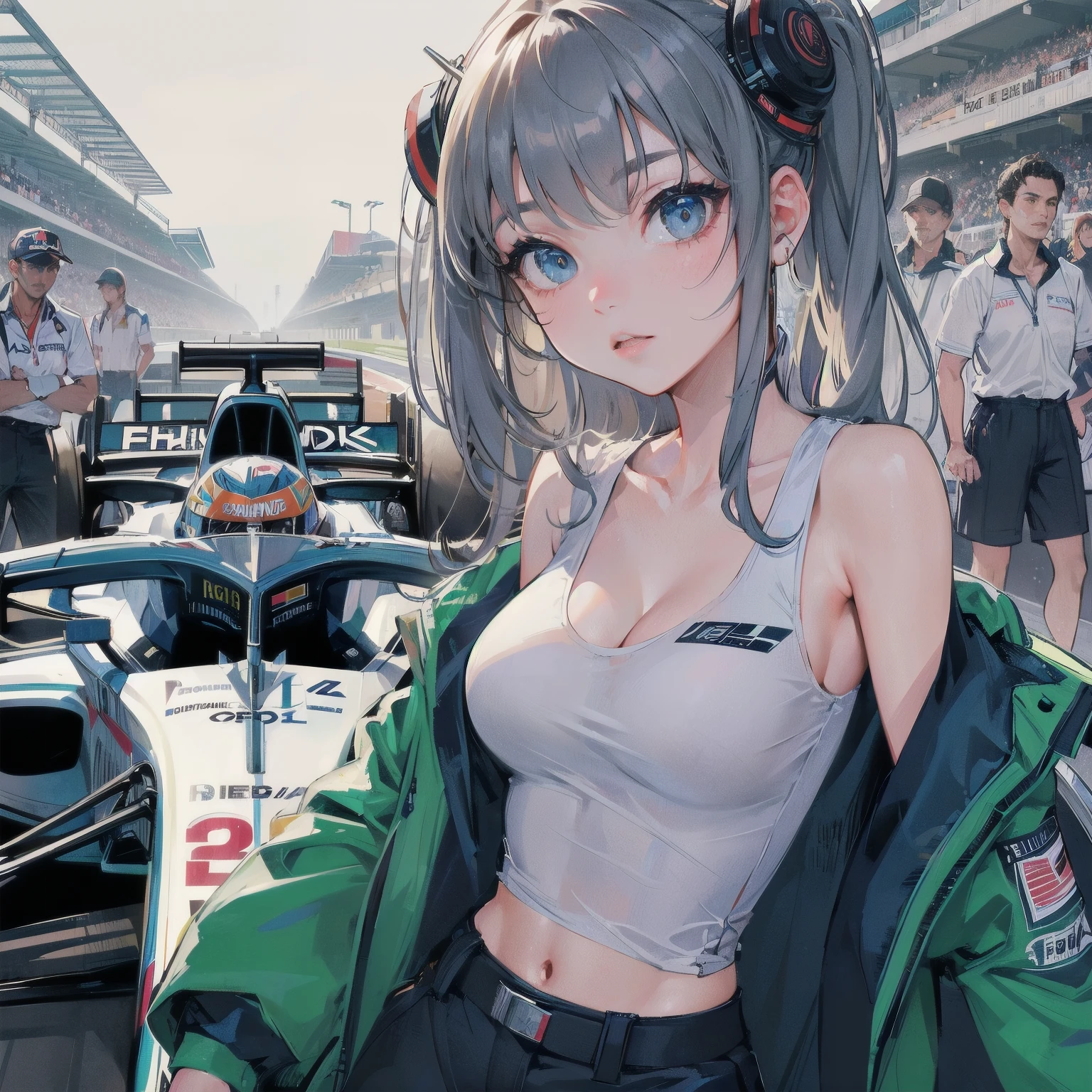 High quality,HD,16K,Sharp lines,1 girl,athlete f1racer ,cute face, , cool legs,In the racing arena,Girl in focus,detailed beautiful face,Detailed clothing,beautiful eyes,chill,dynamic angle
