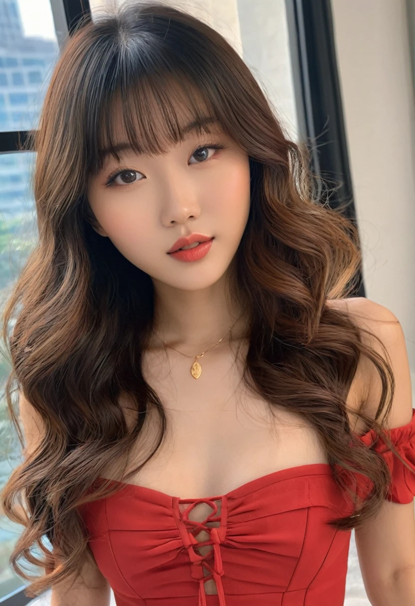 (Hotlexi woman), (best high quality:1.5), ((8k)), extremely detailed, (High details:1.4), Solo, 18 year old Asian female, (wavy hair with bangs), ((body of a skinny with an hourglass shape)),