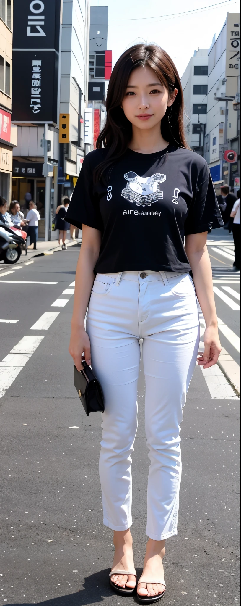 masuterpiece, Best Quality, Illustration, Ultra-detailed, finely detail, hight resolution, 8K photographic, Perfect dynamic composition, from front, 1 japanese girl, Beautiful detailed eyes, long wavy Hair, wearing t-shirts:1.2, bell-bottom pants, make up:1.1, Random poses,Smile, Omotesando Street Walk, 28 years girl
