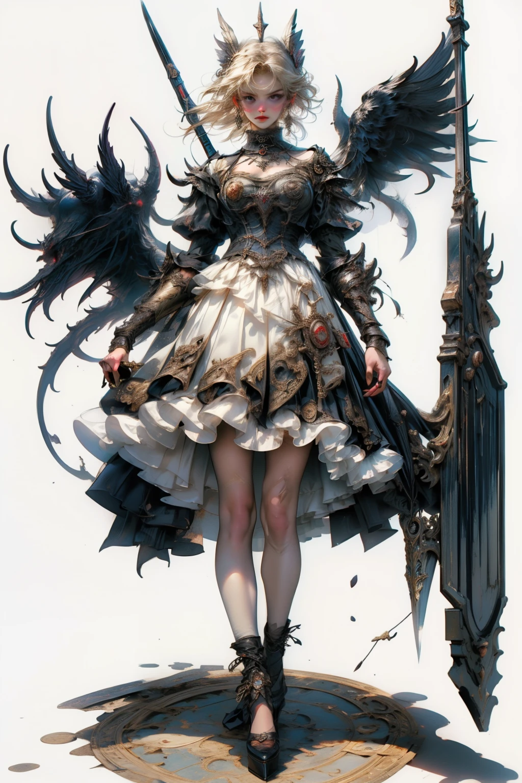 ((best quality)), ((masterpiece)), (detailed), blank white background, plain background, white background, Bloodborne inspired,  occult aesthetic, occult, detailed and intricate steampunk and detailed gothic, NSFW, Very dramatic and cinematic lighting, cosmic horror, grim-dark, side-lighting, perfect face, a beaituful goddess valkyrie adorned and enshrined in armour, Bloodborne inspired valkyrie, occult aesthetic valkyrie, occult valkyrie, detailed and intricate steampunk and detailed gothic valkyrie, wielding a sword and holding a shield, NSFW, Fluttering lace flared long knee length dress with frilly petticoats, knee length dress, pleated petticoats, lolita dress, petticoats gothic lolita, side-lighting, gothic lolita aesthetic, beautiful small breasts, small breasts, full body, whole body, body, plain background, white background, blank background, no background, white background NSFW, full body, whole body, head-to-toe