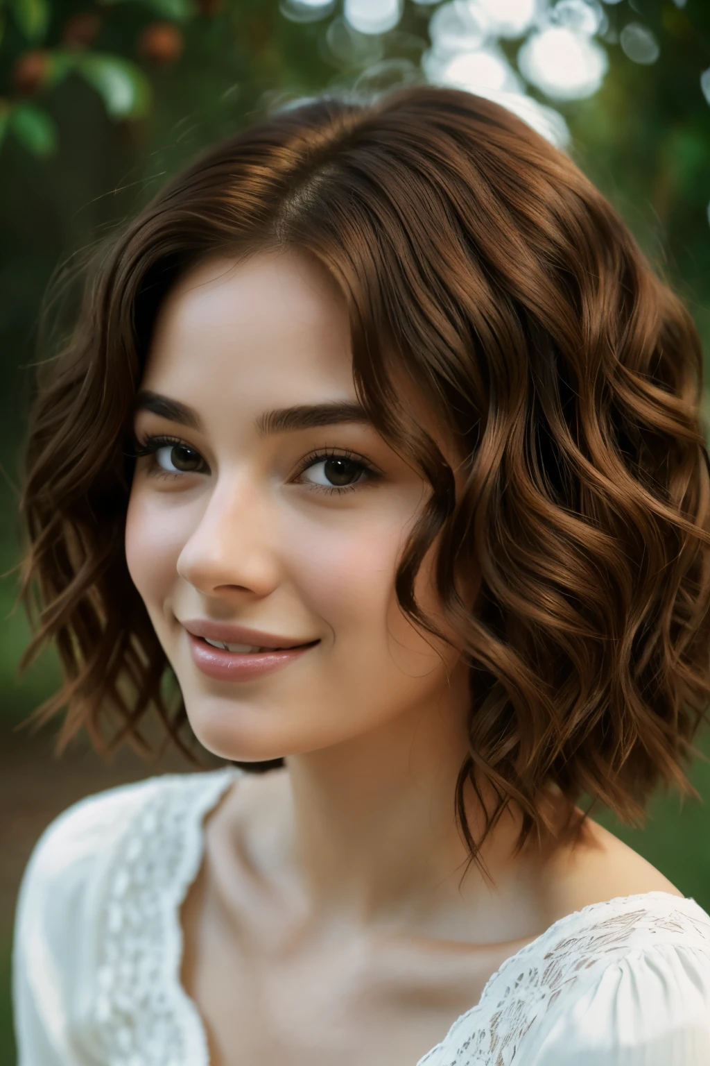 1. Panoramic cinematic photo of a 27-year-old woman with chestnut-brown hair and captivating hazel eyes, capturing a moment of pure bliss, radiant smile, sealed lips, soft and inviting lips, intricate details, shallow depth of field, highly detailed, high budget, epic Hollywood film, breathtaking, masterpiece, award-winning, professional, highly detailed, detailed skin texture (blush: 0.5), (goosebumps: 0.5), (the most beautiful woman in the world) (chestnut-brown hair) (short curly hair, wild hair, stylish cut) thin face, delicate