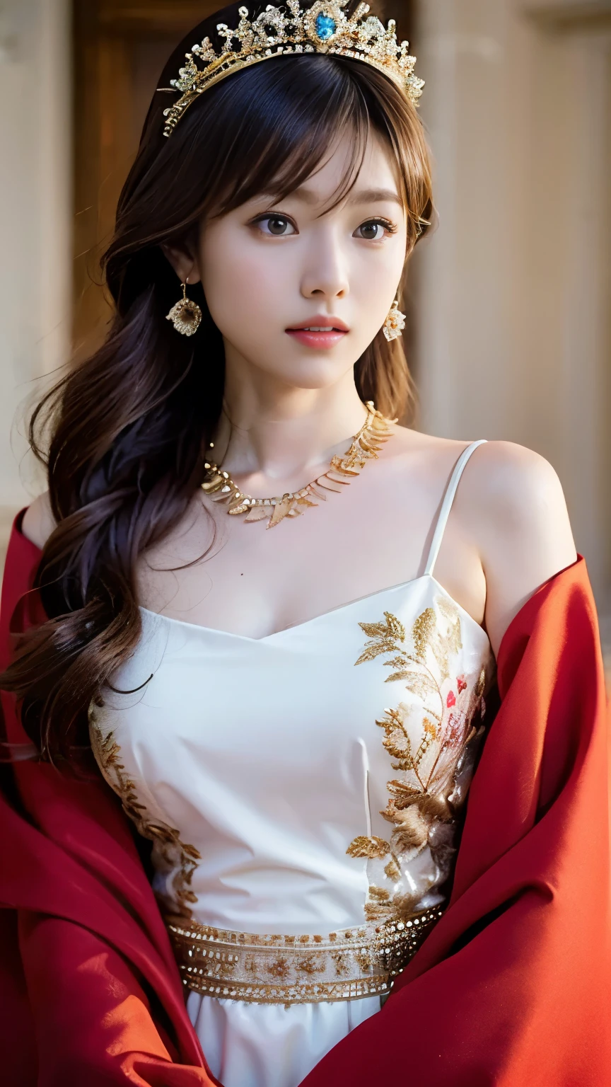 (((Perfect anatomy with detailed depictions of the limbs, with the direction of joint bending taken into consideration))),panoramic, whole body, Historical oil painting style portrait: Queen of Medieval Europe,30 years old,Very long chestnut-colored hair braided and wrapped around,Slim and muscular,中世の玉座の前に手を添えて微笑みながら美しい立ち姿を斜め前ローアングルからwhole body撮Shadow,white lace gloves,((She is wearing a gorgeous red high-necked tight long one-piece dress with long sleeves and a hemline that are custom-made and lavishly trimmed in gold.,This dress is made from a luxurious material like velvet.,Silk and satin,An intricate accent embroidered with gold thread,Adorned with pearls and precious stones,The color is deep royal red)),Symbolizes wealth and high status,She wears a long fur cape decorated with elaborate motifs draped over her shoulders.,Dignified and solemn,Her jewelry includes a modest jeweled tiara.,necklace,Earrings,bracelet,The ring is all gold and studded with precious stones.,The throne is made of wood and decorated with gold leaf.,Dark Background,Complex background,In a medieval room,Soft Front Lighting,No reflection,Attention to detail,(Skin pores,Fabric texture,The Complexity of the Throne),Striving for realism,More about 8K resolution,I can see my pores,(Highly detailed RAW photos),(Extremely,Detailed skin,Realistic,heavy Shadow,Light and dark are emphasized),Sharp focus,Movie,Imperfect skin, organize,texture,Detailed face,Detailed skin,Detailed fingers,Natural Hand 2-3500,Analog Film Photography,Deep Photo, Depth of written boundary,Ferrania P30 Film,Shadow,A woman with big eyes, long eyelashes and a straight nose.々Nice face,Low Light,Faded film,Low saturation,35mm Photography, granular(((Beautiful hair neatly braided))),Fine particles that reflect light,4K Digital SLR Camera,Film Grain,Fujifilm XT3,(Saiharu Body),(Delicate eyes and face),Professional Perspective,Amazing details,Beauty condensed into one girl,A delicate, high nose, clear chestnut eyes, and glossy lips.々Nice face,