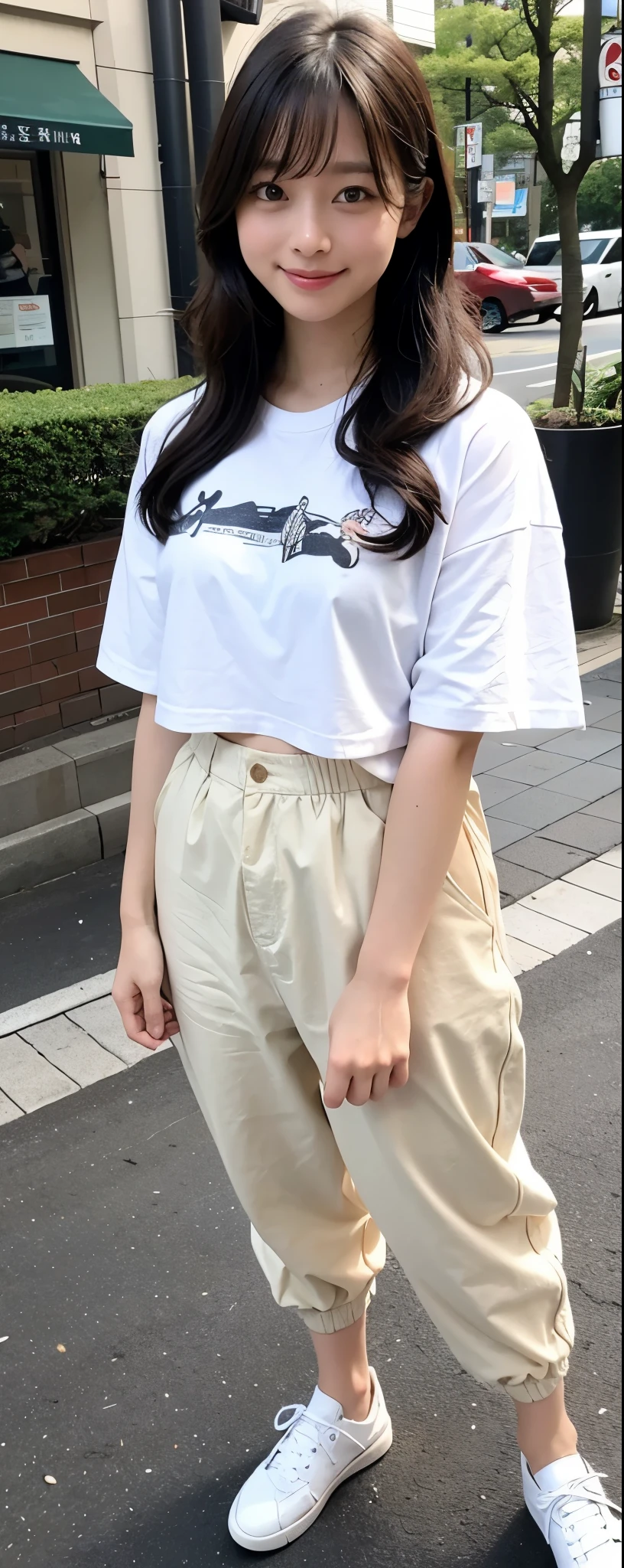 masuterpiece, Best Quality, Illustration, Ultra-detailed, finely detail, hight resolution, 8K photographic, Perfect dynamic composition, from front, 1 japanese girl, Beautiful detailed eyes, long Medium wavy Hair, wearing t-shirts:1.2, bell-bottom pants, make up:1.1, Random poses,Smile, Omotesando Street Walk, 28 years girl
