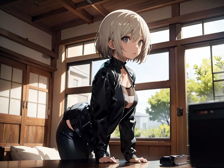 maho Nishizumi,Yorha 2B,
Age 35,Black jacket,Jeans pants,Revealing clothing,
Bobcut,symmetry,White Hair,White Eyes,
low length,Big Breasts,Confused expression,Broken posture,From the left side,From the right side,
At least 2 women,Indoors at home,living room,table,office,
Beautiful image quality,Delicate shades,