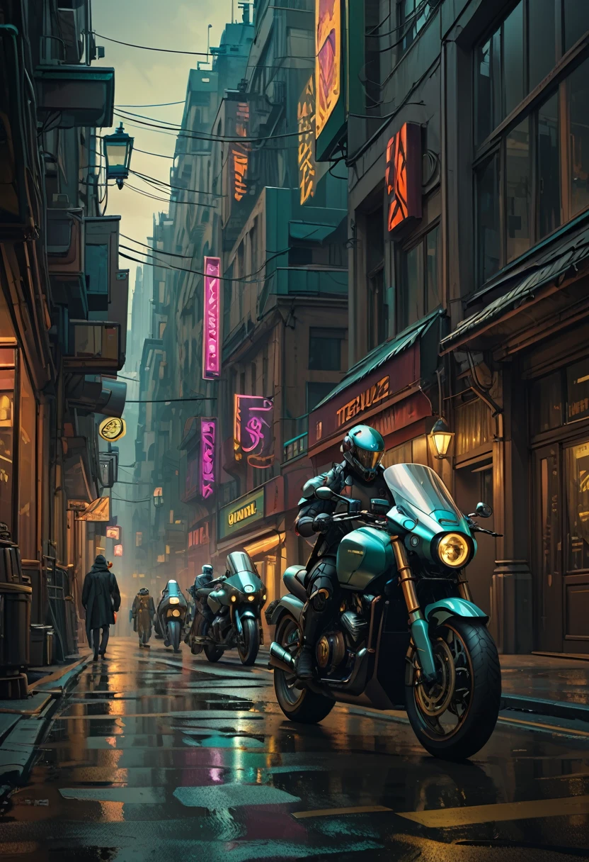 A group of robots walking down the street, cyberpunk style, steampunk bikes, inspired by Moebius, wide-screen shot, inspired by Tadeusz Piechura, best quality, 8k, highres, masterpiece, ultra-detailed, realistic, vivid colors, dramatic lighting, cinematic, muted color palette, moody atmosphere