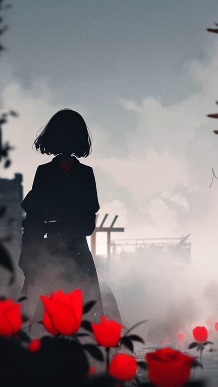 1 Girl, (silhouette:1.3), blackwork, mysterious, uncertain, fascinating, (clear scarlet roses in the foreground), Ruin, abstract, ambient lighting, (blurred background, blurred foreground, Depth of field:1.3), Swirling fog, grey mist, traditional texture, dripping