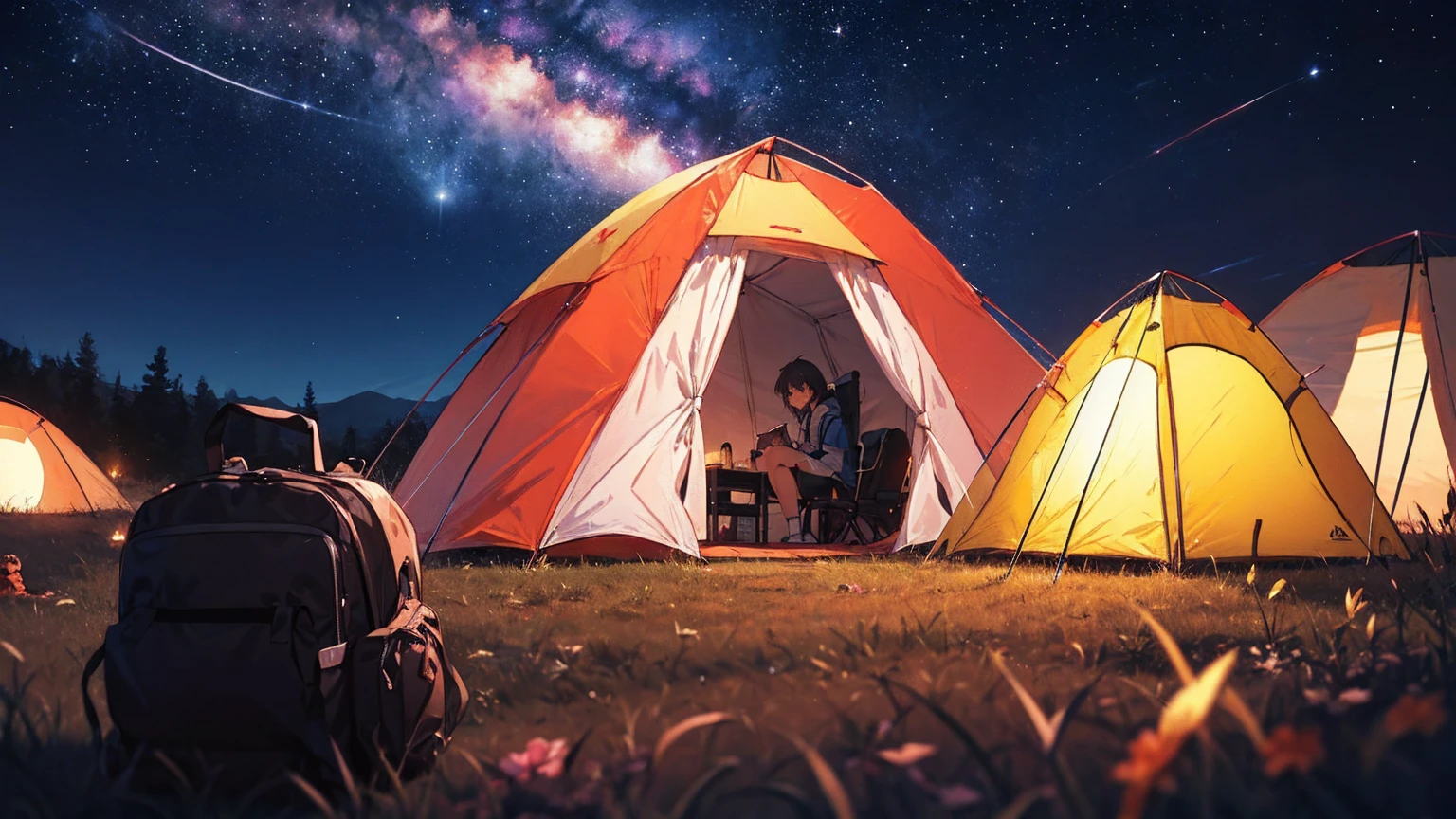 Outdoor Camping, night, Alien planets, Alien fauna, Alien Technology, Alien planetss and unknown constellations in the night sky, fantastic Outdoor Camping on an Alien planets, Movie Frame, Very detailed, Very long, Hyperactivity, Super accurate, (classic anime style)