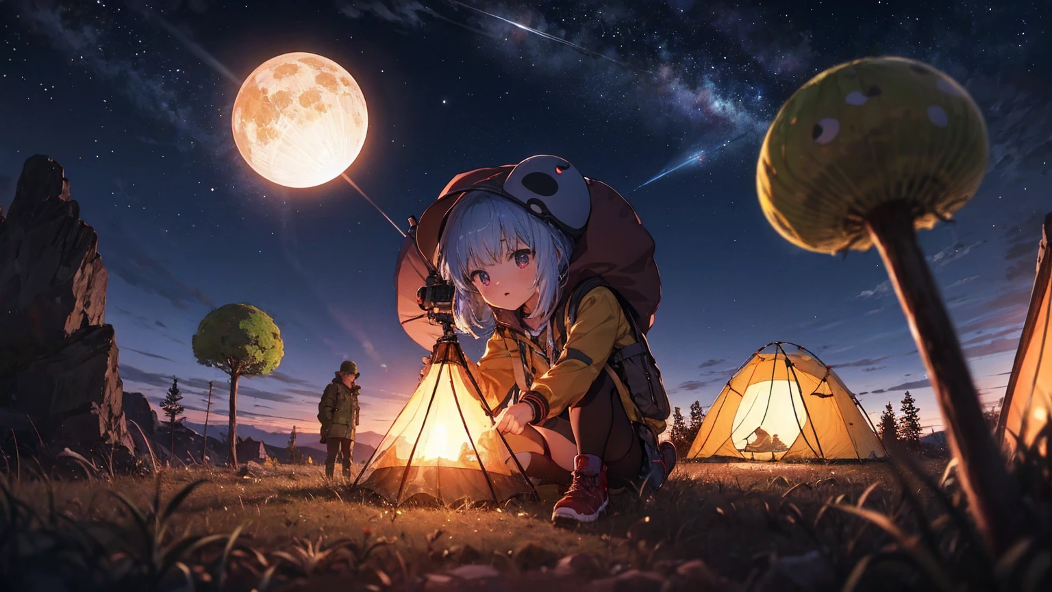 Outdoor Camping, night, Alien planets, Alien fauna, Alien Technology, Alien planetss and unknown constellations in the night sky, fantastic Outdoor Camping on an Alien planets, Movie Frame, Very detailed, Very long, Hyperactivity, Super accurate, (classic anime style)
