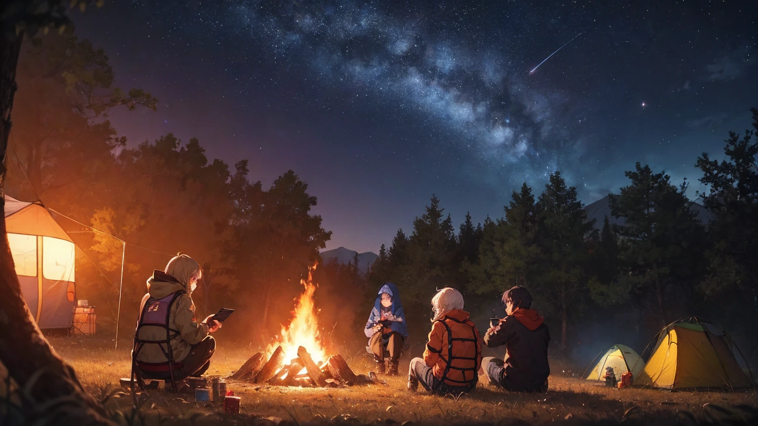 Outdoor Camping, night, Alien planets, Alien fauna, Alien Technology, Alien planetss and unknown constellations in the night sky, fantastic Outdoor Camping on an Alien planets, Movie Frame, Very detailed, Very long, Hyperactivity, Super accurate, (classic anime style)