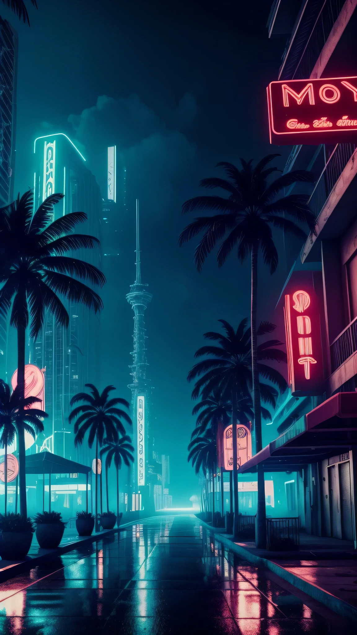 extremely detailed CG unity 8k wallpaper, masterpiece, palm tree, Miami, best quality, long shot, cyberpunk, ghostly setting, mist, volumetric light, neon lights, animatronic figures, ruined structures, grunge textures