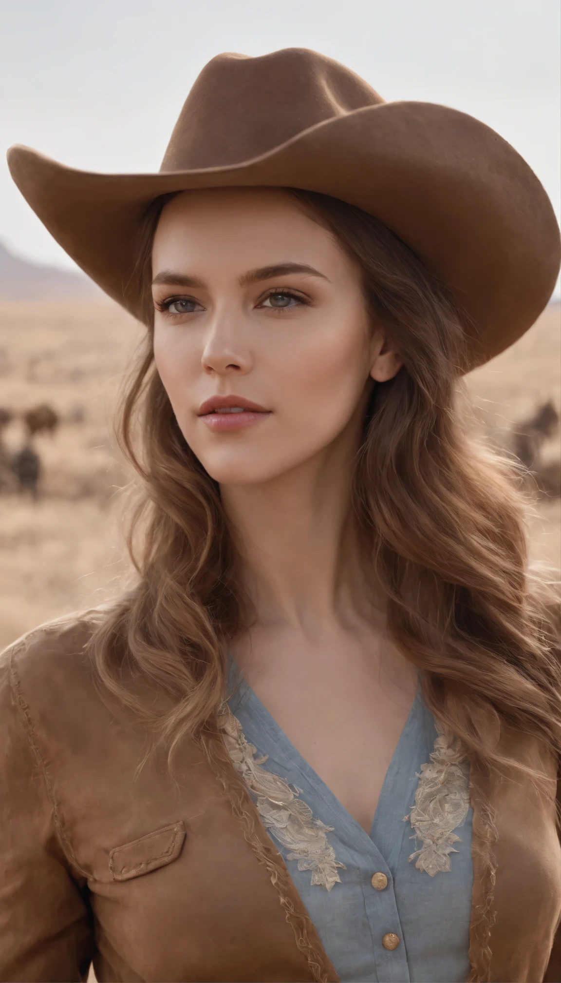 with high definition images,Beautiful cowgirl(masterpiece、highest quality:1.2)、カウボーイをテーマにしたScarlett Johanssonの画像、solo、One woman、Scarlett Johansson、Captivating smile、Look directly at your audience、Denim top and bottom、Riding a horse through the desolate plains,Western-style hats、Highly detailed、Intricately crafted facial features、Realistic skin texture、Expressive eyes、Warm and inviting、Rustic, sun-kissed landscape、The perfect blend of elegance and rugged charm