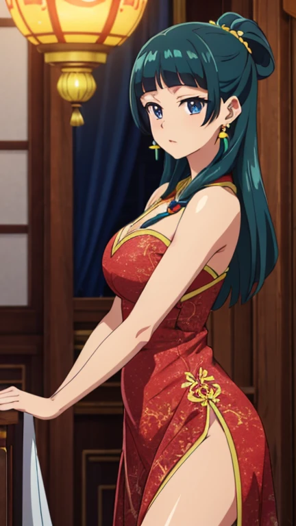 highest quality (8k, High resolution, masterpiece: 1.2), Very detailed, Anime art style, Dynamic Angle,  Style, (China dress, Exposed shoulders, Earrings, indoor,), Detailed green hair, Detailed blue eyes, Complex hairstyles, Long Hair , the body is slim, Sparkling eyes, like々Shii, hair accessory, Earrings, Half Up, Slightly blunt bangs, Detailed lighting, Bright colors, Looking at the audience, Center the image, Cowboy Shot,