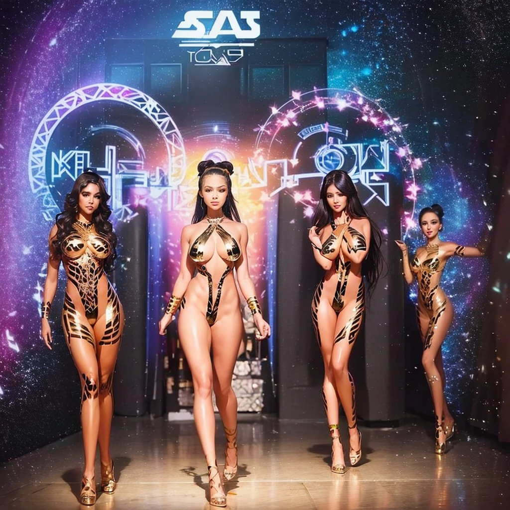 a group of lovely females (varied height and weight tending towards busty and full hips but athletic overall tone, varied races between Asian, Desi, Hindi, and Caucasian ) wearing scifi metallic swimsuits, extremely detailed and realistic,many women, beautiful detailed eyes, beautiful detailed lips, extremely detailed face, long eyelashes, detailed female body, sultry dance, metallic shiny swimsuit, dancing and tending to alien patrons in a star wars cantina, high quality, photorealistic, 8k, vivid colors, professional lighting, digital painting