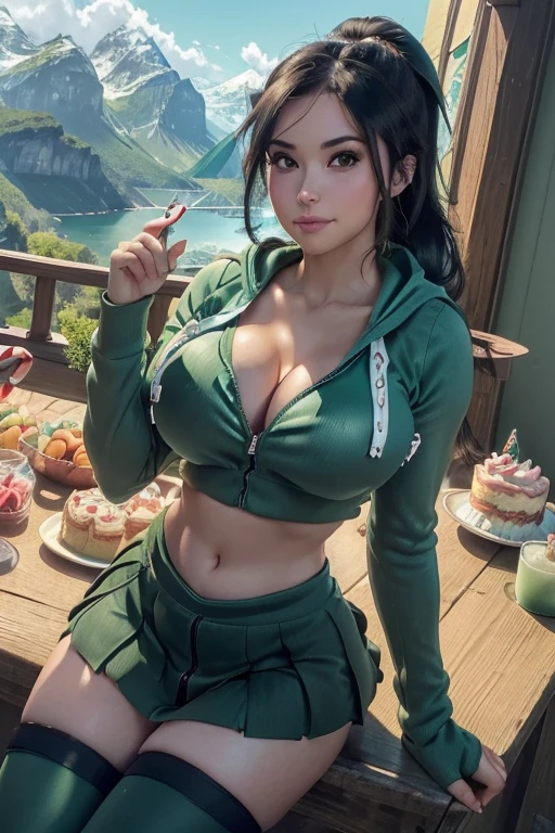 (masterpiece), best quality, expressive eyes, perfect face, (Alice and Wonderland background), (posing), (smirk), (cleavage view), (1girl, age 18+, Belle Delphine, fair skin, rosie cheeks, black hair, ponytail hairstyle, stars and glitter on hair, hazel eyes, hourglass figure, thin body, skinny body, petite_body, large breasts, huge breasts, oppai, large cleavage, wide hips, thick thighs), (((aqua_green zip-up croptop hoodie)), croptop, exposed cleavage, ((black pleated skirt)), ((aqua_green stockings))),