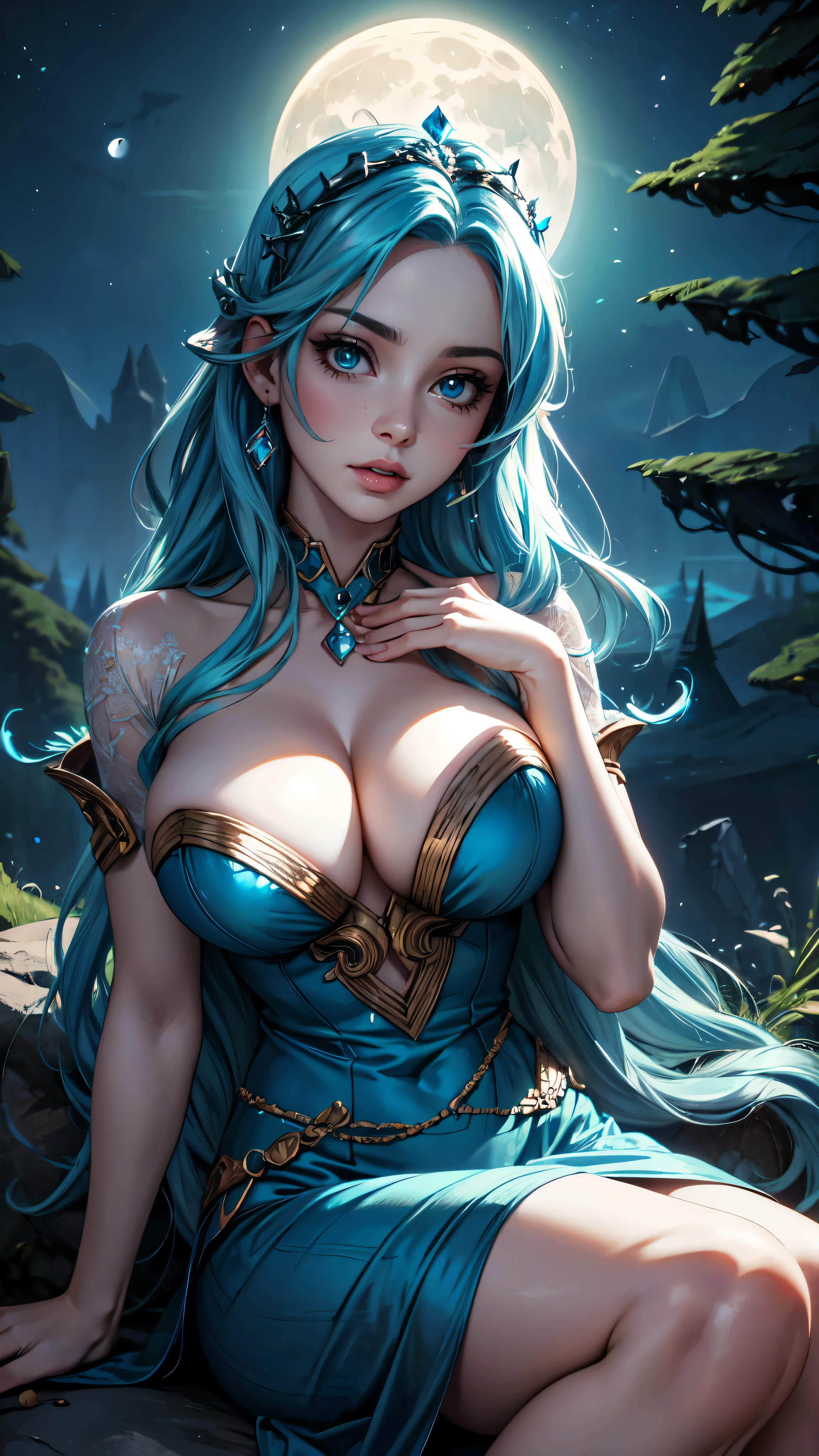 arafed woman in a blue dress sitting on a rock, Lucian, lunar goddess, karol bak uhd, portrait of a norse moon goddess, moonlit night dreamy atmosphere, Fantasy Woman, Goddess of the moon, dream magical、aethereal、darkly, Ethereal beauty, lunar goddess, Beautiful Rapunzel, beautiful fantasy maiden, dreamy night,detailed face, detailed eyes, detailed hands, full body,, neon colors, lights