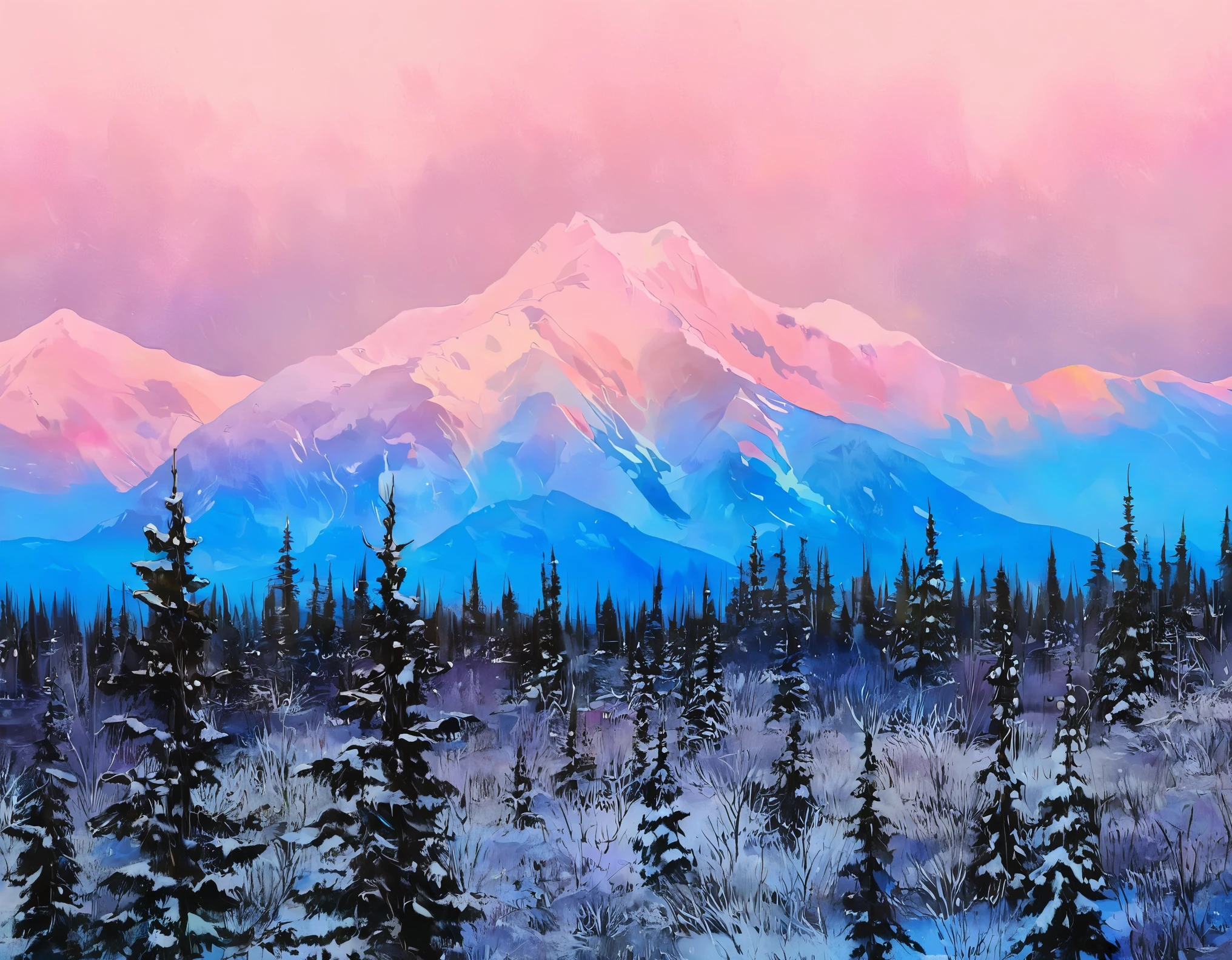 Create a winter landscape painting with a serene atmosphere, using a palette of light pink, muted blue, dark grayish blue, bright blue, very dark gray, and light grayish blue. The scene should feature a snowy forest in the foreground and a majestic mountain range in the background, capturing the transition of colors from the snow-covered trees to the vibrant hues of the sky and mountains at sunrise. The painting should evoke a sense of tranquility and the beauty of nature