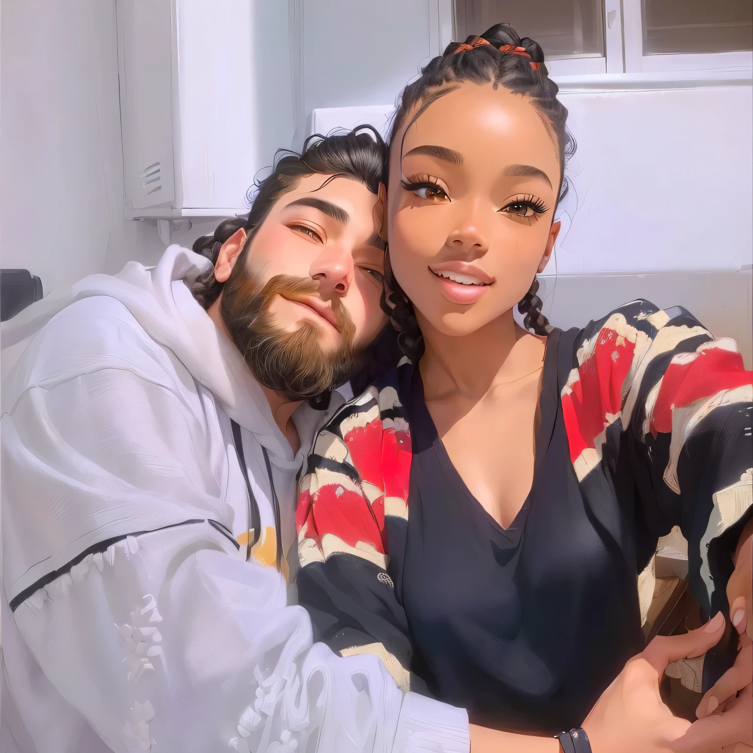(masterpiece, best quality:1.2), 1girl, 1boy, solo, couple, loved, she blacj with hair braid, he withe with beard curly, anime, disney, siney filter, couple.