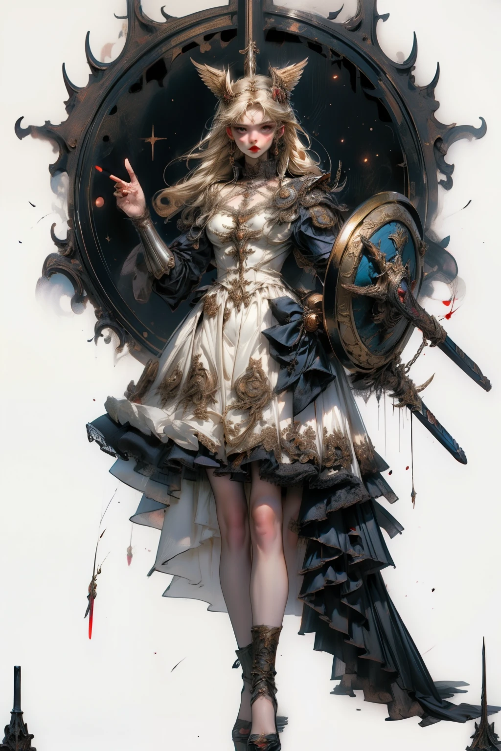((best quality)), ((masterpiece)), (detailed), blank white background, plain background, white background, Bloodborne inspired, occult aesthetic, occult, detailed and intricate steampunk and detailed gothic, NSFW, Very dramatic and cinematic lighting, cosmic horror, grim-dark, side-lighting, perfect face, a beaituful goddess valkyrie adorned and enshrined in armour, Bloodborne inspired valkyrie, occult aesthetic valkyrie, occult valkyrie, detailed and intricate steampunk and detailed gothic valkyrie, wielding a sword and holding a shield, NSFW, Fluttering lace flared long knee length dress with frilly petticoats, knee length dress, pleated petticoats, lolita dress, petticoats gothic lolita, side-lighting, gothic lolita aesthetic, beautiful small breasts, small breasts, full body, whole body, body, plain background, white background, blank background, no background, white background NSFW, full body, whole body, head-to-toe