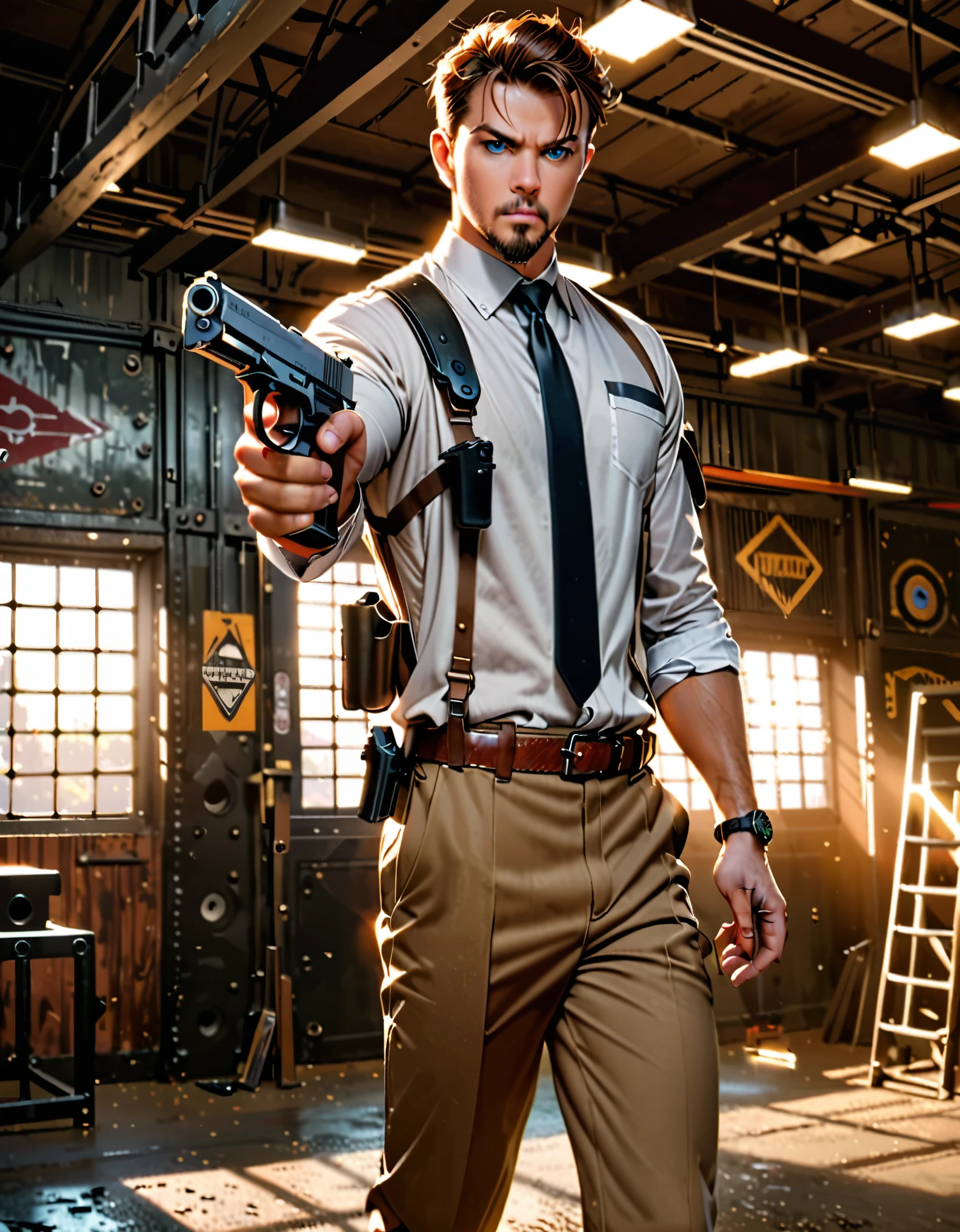masterpiece, best quality, secret agent, suit t-shirt, sleeves rolled up, black necktie, shoulder holster, brown slacks, black dress shoes, using pistol with one hand, using pistol, STI 1911, shooting range background, indoors, realistic, stylish, rutkowski, goatee, brown hair, buzz hair, blue eyes, looking at viewer, intricate details, hyperdetailed, cinematic, rim light, danger atmosphere