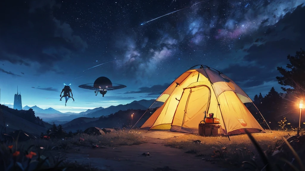 Outdoor Camping, night, Alien planets, Alien fauna, Alien Technology, Alien planetss and unknown constellations in the night sky, fantastic Outdoor Camping on an Alien planets, Movie Frame, Very detailed, Very long, Hyperactivity, Super accurate, (classic anime style)