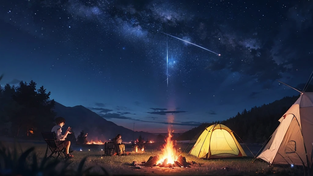 Outdoor Camping, night, Alien planets, Alien fauna, Alien Technology, Alien planetss and unknown constellations in the night sky, fantastic Outdoor Camping on an Alien planets, Movie Frame, Very detailed, Very long, Hyperactivity, Super accurate, (classic anime style)
