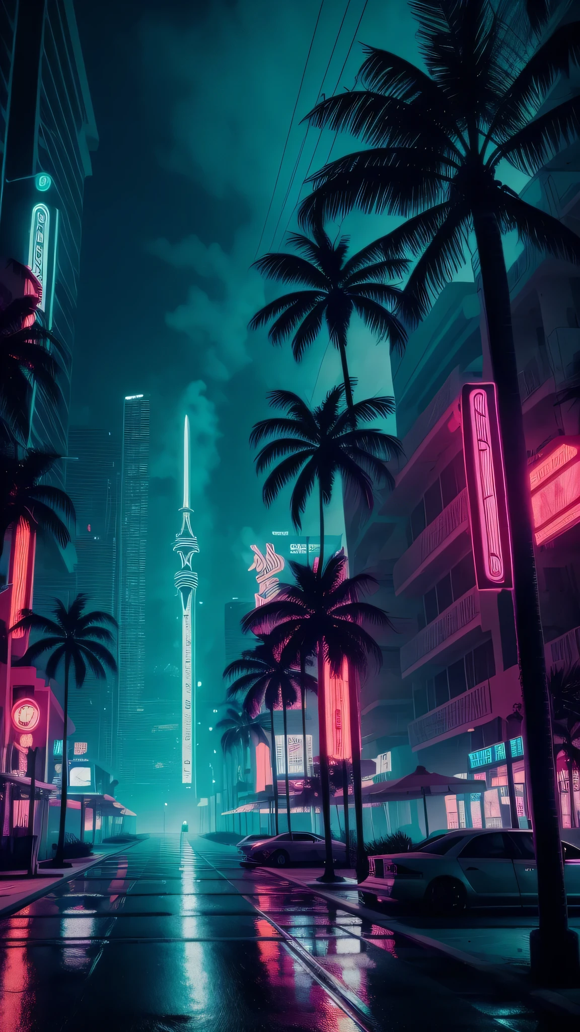extremely detailed CG unity 8k wallpaper, masterpiece, palm tree, Miami, best quality, long shot, cyberpunk, ghostly setting, mist, volumetric light, neon lights, animatronic figures, ruined structures, grunge textures