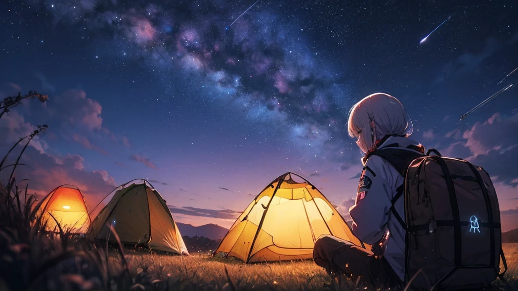 Outdoor Camping, night, Alien planets, Alien fauna, Alien Technology, Alien planetss and unknown constellations in the night sky, fantastic Outdoor Camping on an Alien planets, Movie Frame, Very detailed, Very long, Hyperactivity, Super accurate, (classic anime style)